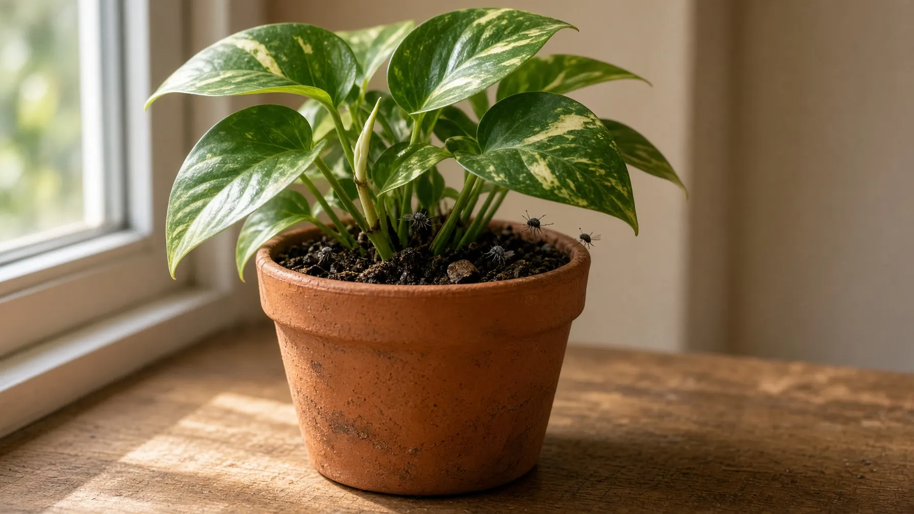 Indoor houseplant on a windowsill with damp soil where fungus gnats breed