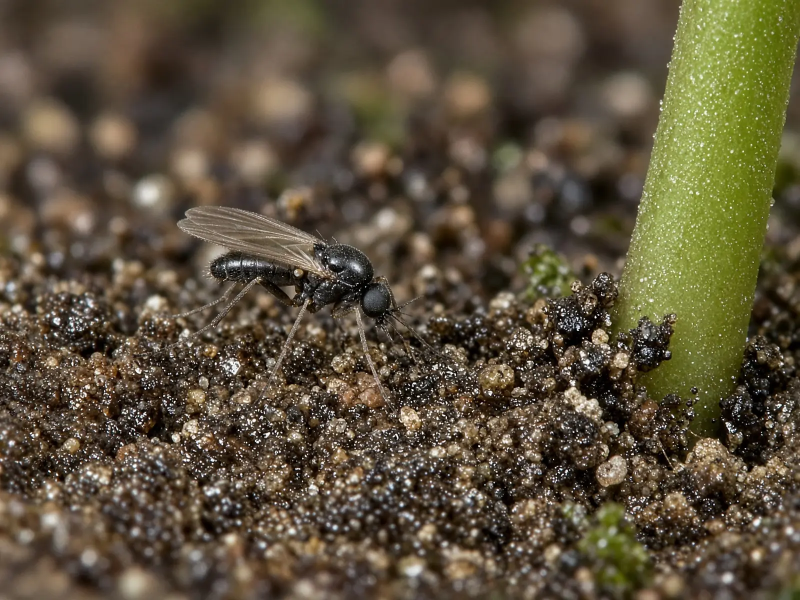 Close-up of a fungus gnat on moist potting soil